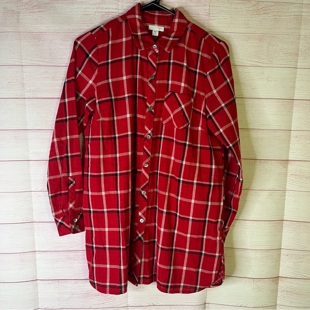 J. Jill 100% Cotton Red Plaid Button Down Tunic Shirt Size XS Petite